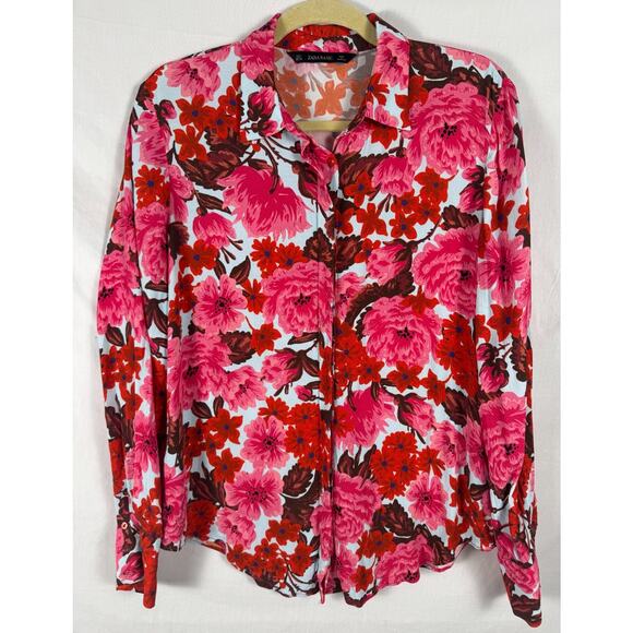 ZARA Women’s Floral Blouse Shirt Size Large Red Pink Long Sleeve Elegant Top - Picture 1 of 4